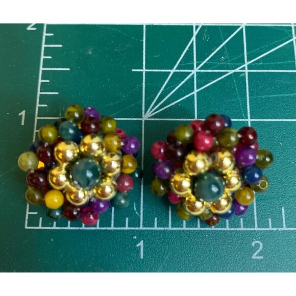 Mid-Century Cluster Earrings - Multi jewel tones w/ gold hexagon - Picture 2 of 6